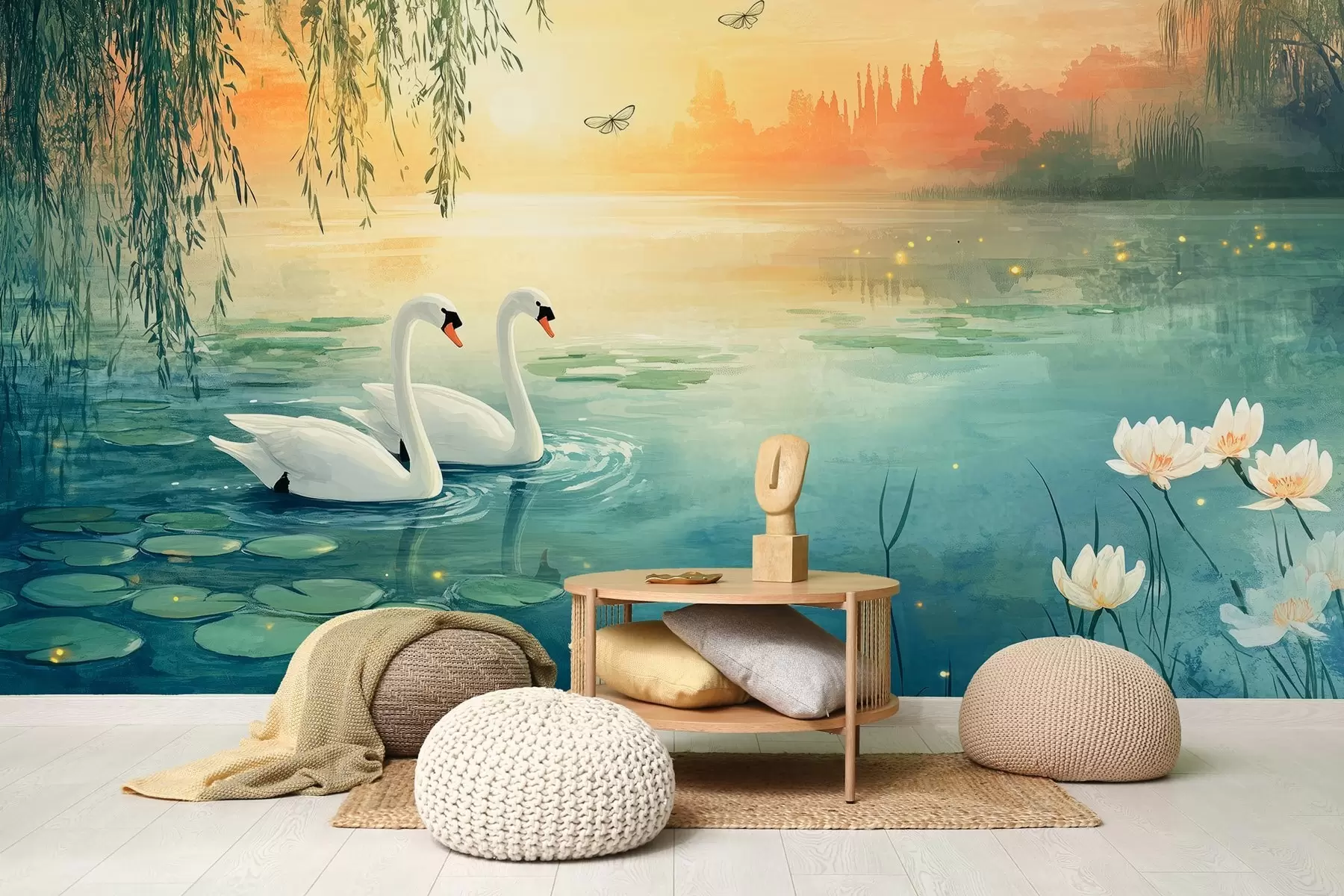 wall murals Romantic landscape in the style of oil painting with two white swans on the lake w03017