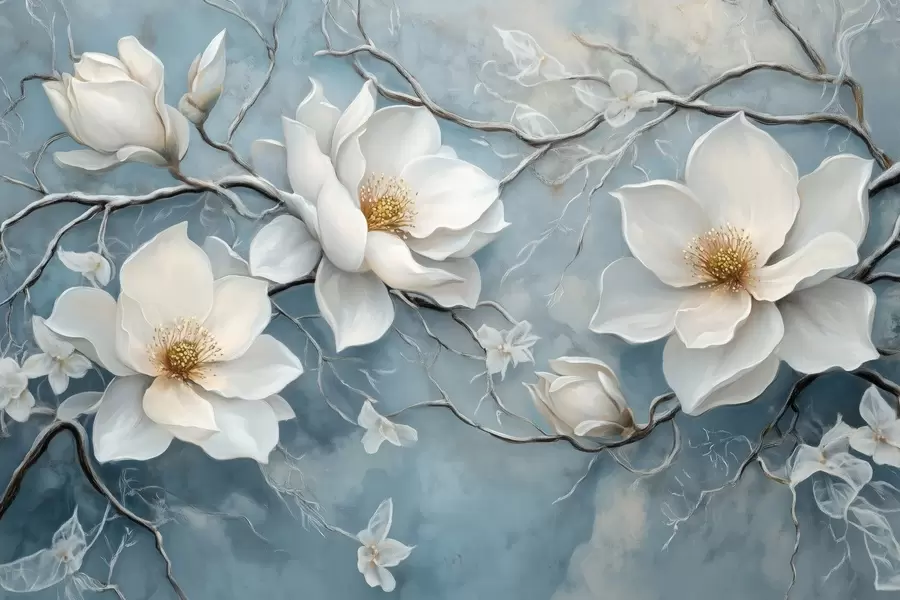wall murals Frosty white flowers on a blue background in the style of oil painting w03018
