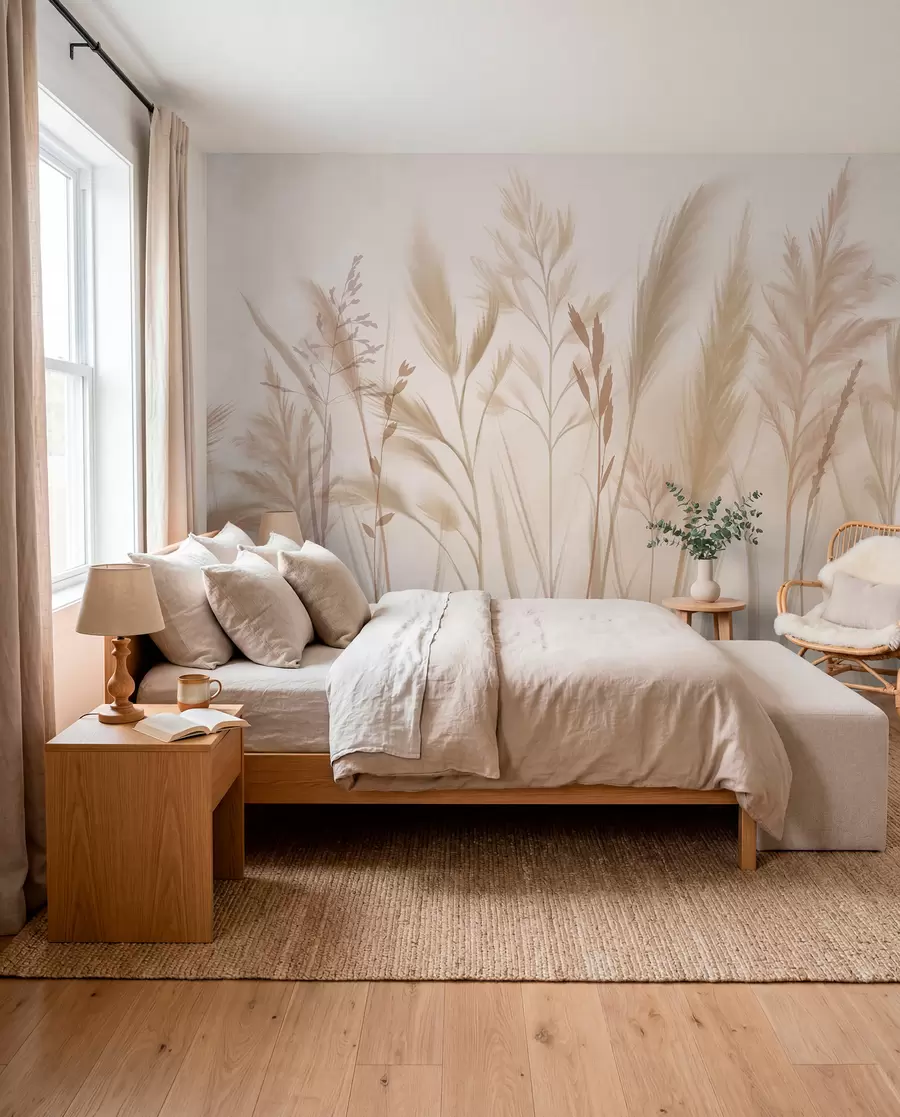 wall murals Tall, delicate grasses, spikelets and plants in soft beige and cream tones, against a light blurred background w08736