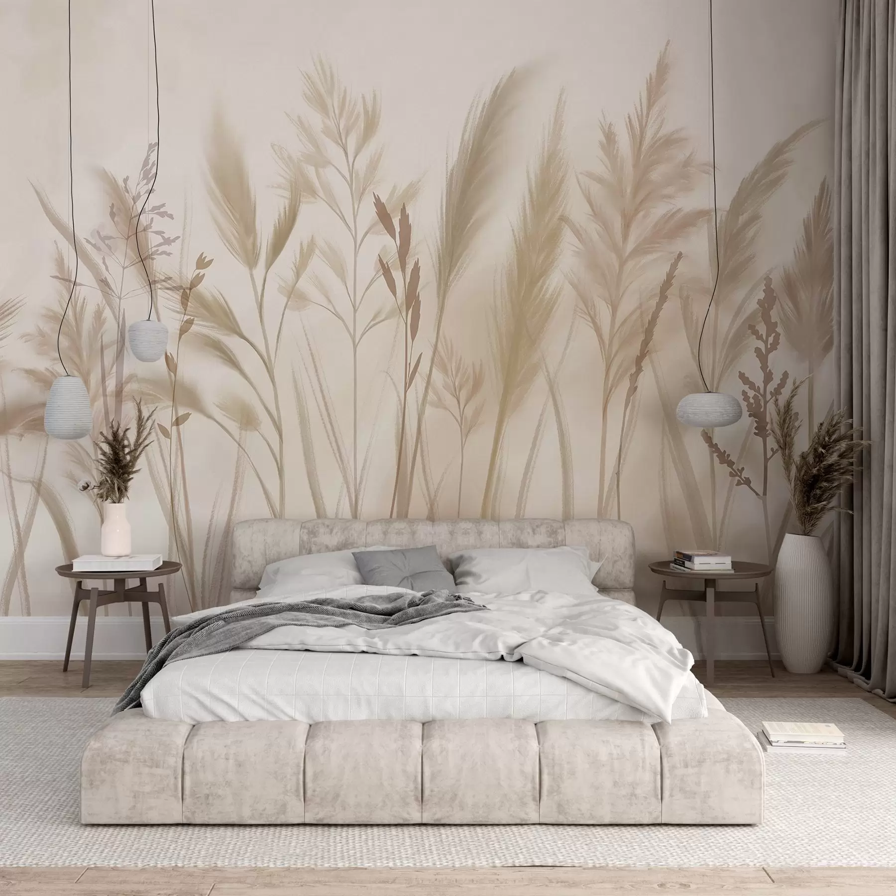wall murals Tall, delicate grasses, spikelets and plants in soft beige and cream tones, against a light blurred background w08736