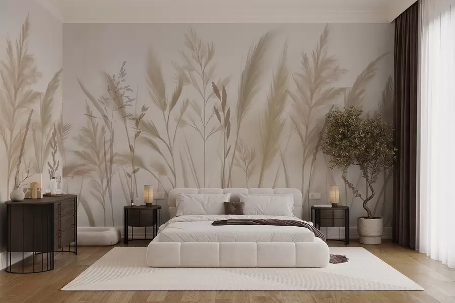 wall murals Tall, delicate grasses, spikelets and plants in soft beige and cream tones, against a light blurred background w08736