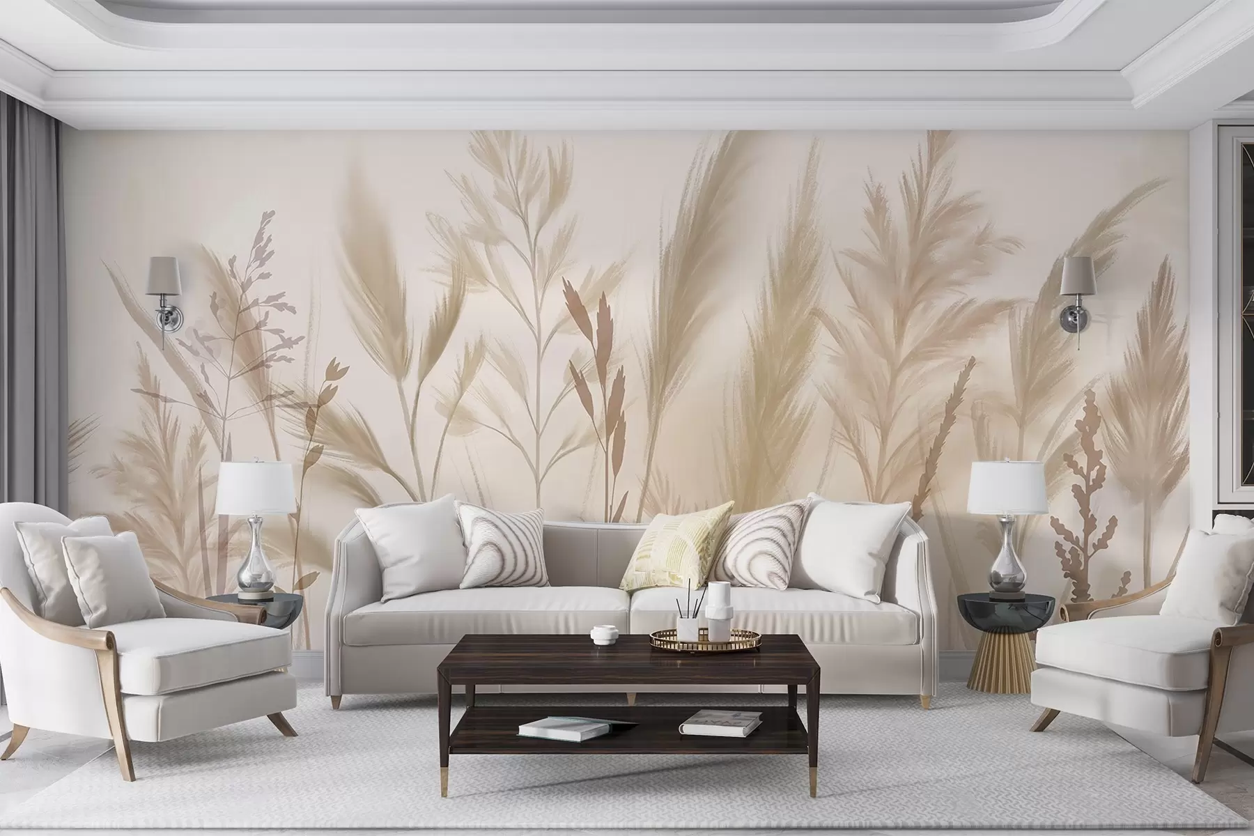 wall murals Tall, delicate grasses, spikelets and plants in soft beige and cream tones, against a light blurred background w08736