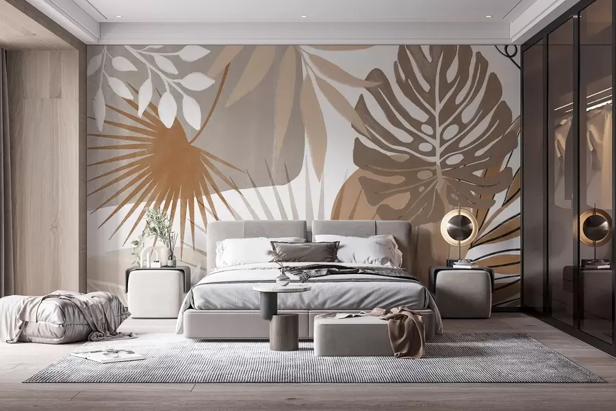 wall murals Abstract design featuring various tropical leaves and in earthy tones of brown, beige, and cream w08738