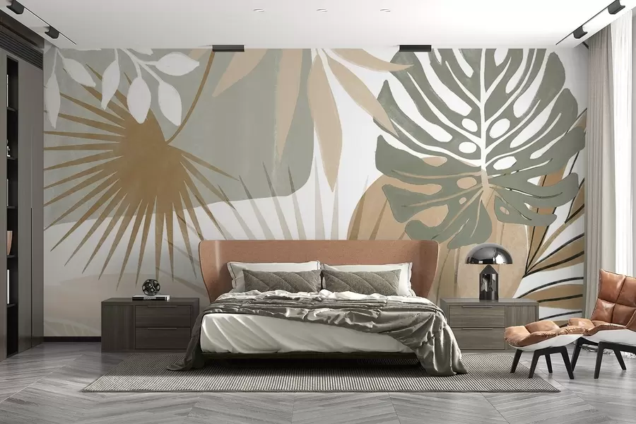 wall murals Abstract design featuring various tropical leaves and in earthy tones of green, beige, and cream w08738v1
