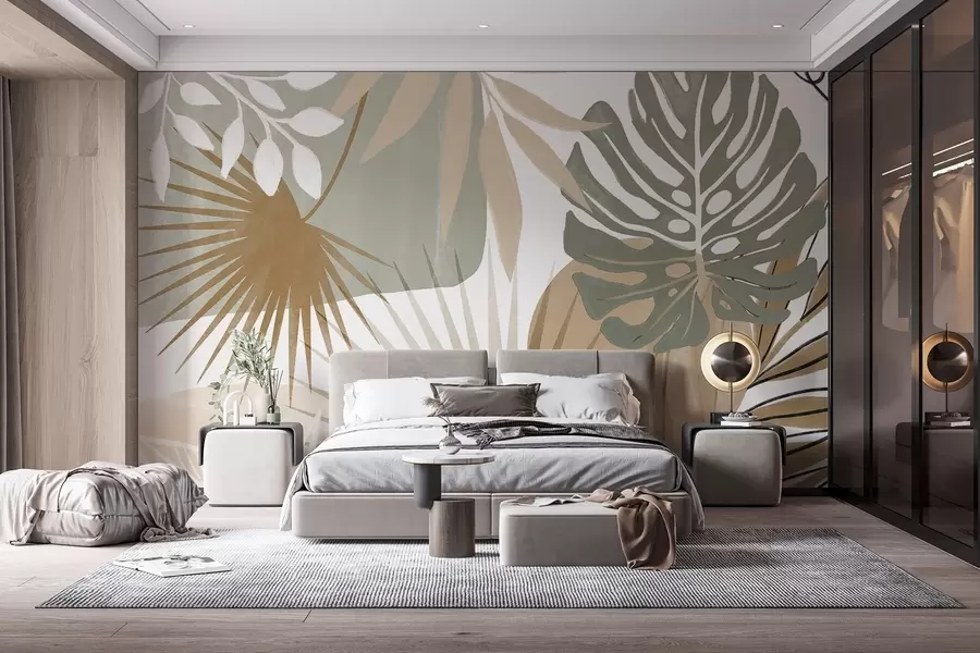 wall murals Abstract design featuring various tropical leaves and in earthy tones of green, beige, and cream w08738v1