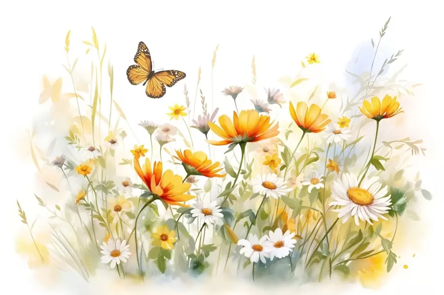 wall murals A vibrant watercolor-like field of flowers featuring orange and yellow blooms with a butterfly above the flowers w08739