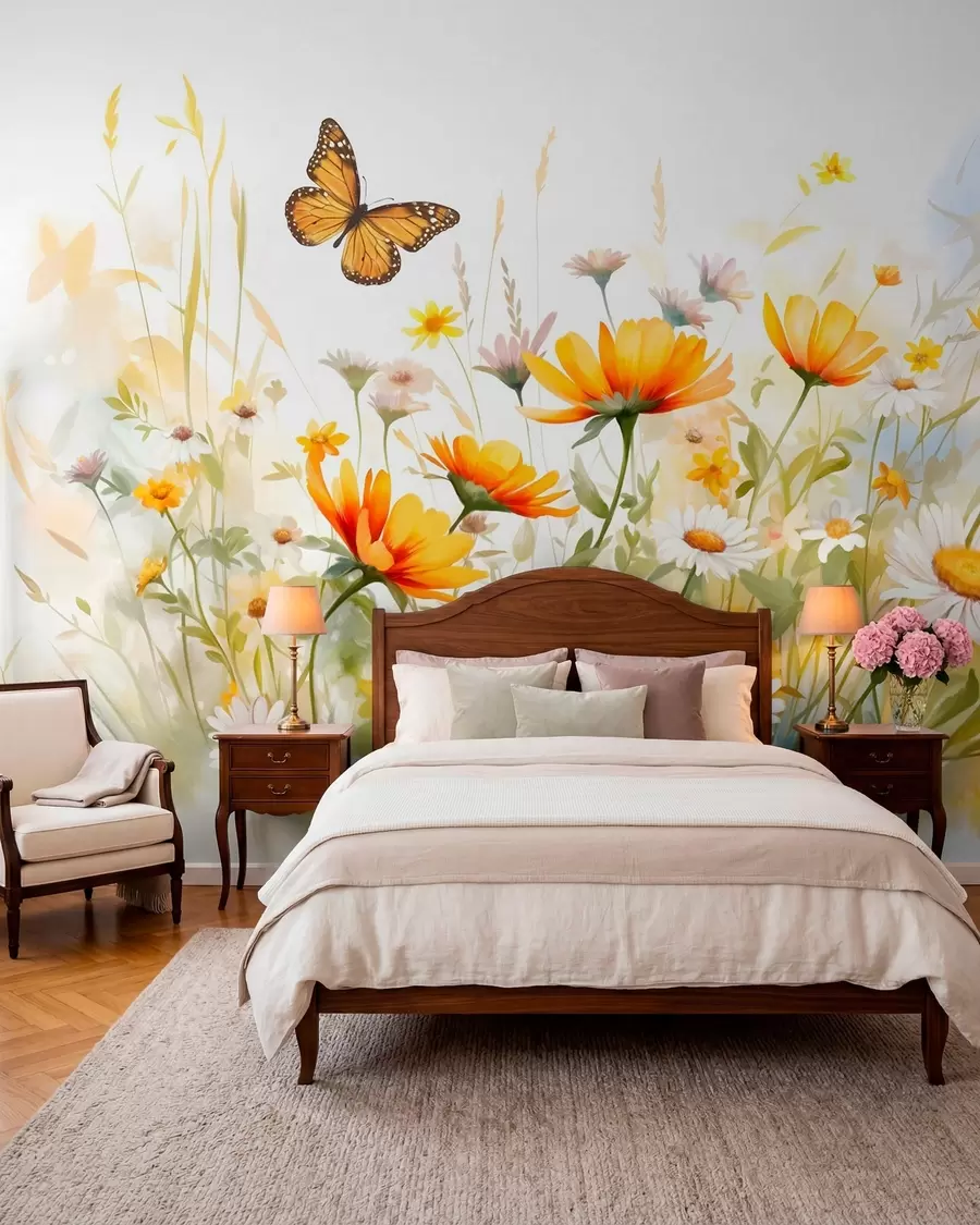 wall murals A vibrant watercolor-like field of flowers featuring orange and yellow blooms with a butterfly above the flowers w08739