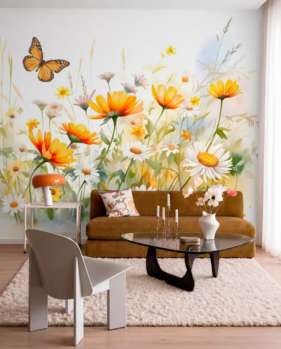 wall murals A vibrant watercolor-like field of flowers featuring orange and yellow blooms with a butterfly above the flowers w08739