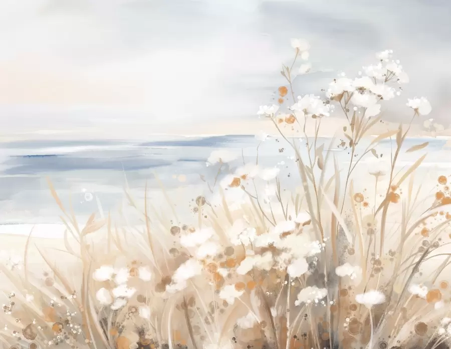 wall murals White abstract flowers with delicate stems in a grass, against a soft, muted background of a calm sea and sky w08740
