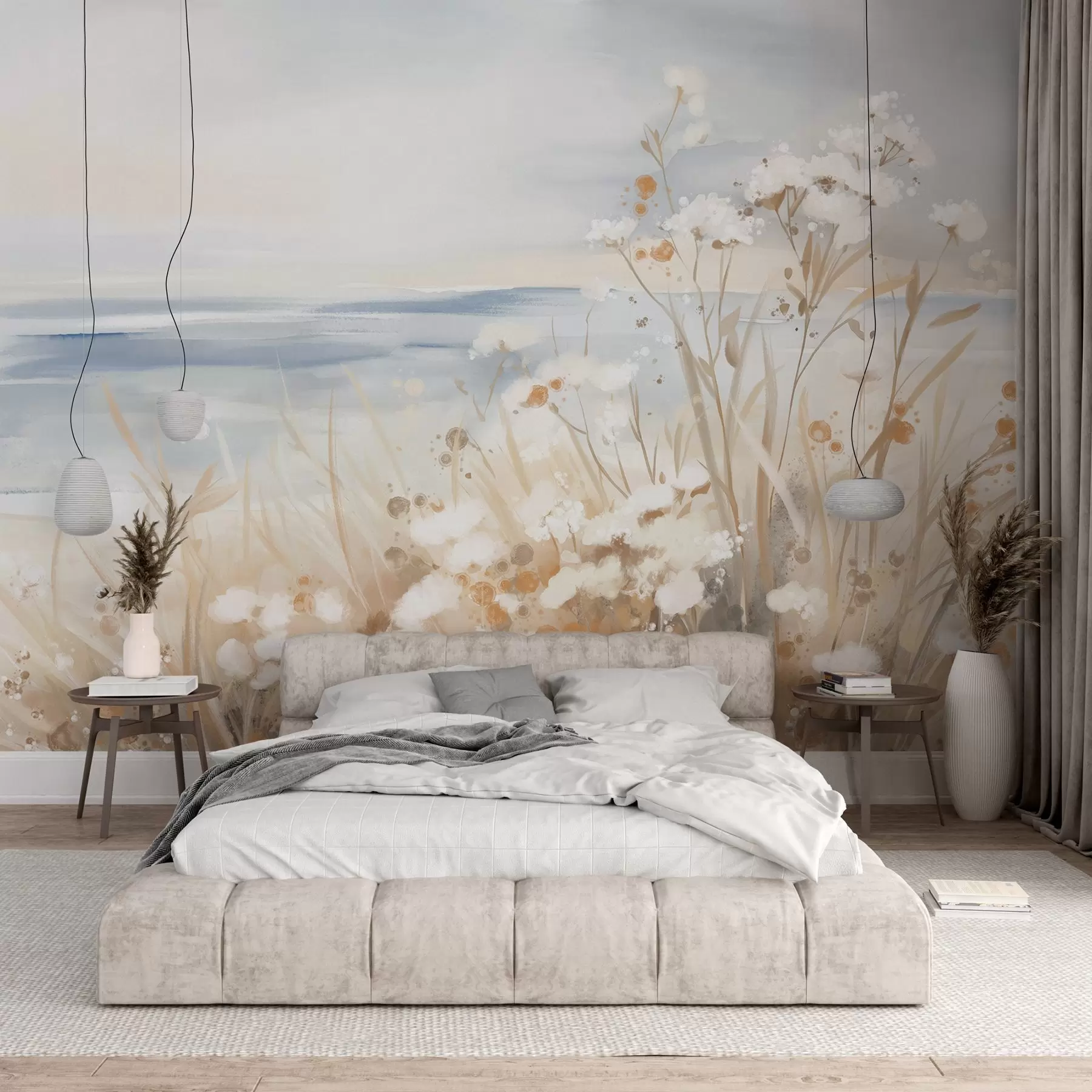 wall murals White abstract flowers with delicate stems in a grass, against a soft, muted background of a calm sea and sky w08740