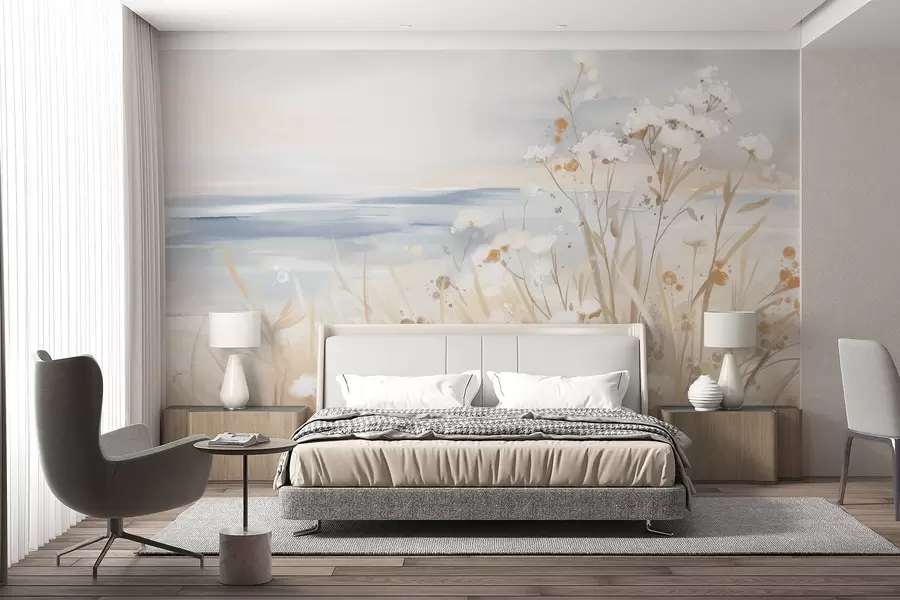 wall murals White abstract flowers with delicate stems in a grass, against a soft, muted background of a calm sea and sky w08740