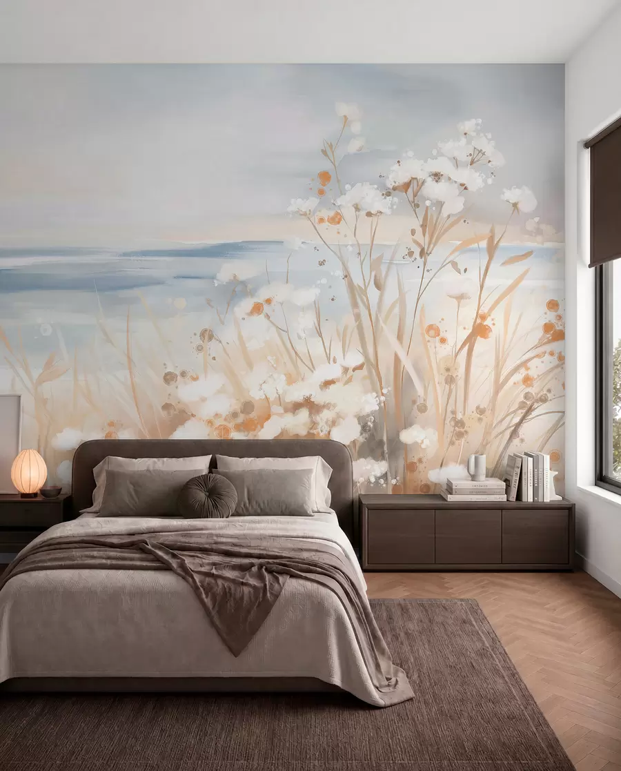 wall murals White abstract flowers with delicate stems in a grass, against a soft, muted background of a calm sea and sky w08740