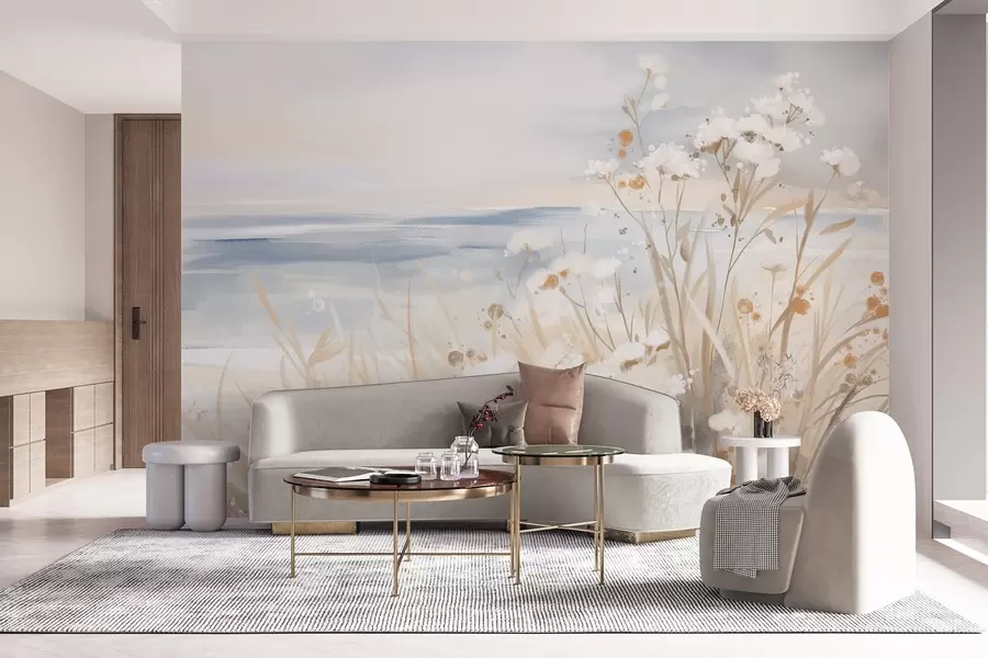 wall murals White abstract flowers with delicate stems in a grass, against a soft, muted background of a calm sea and sky w08740