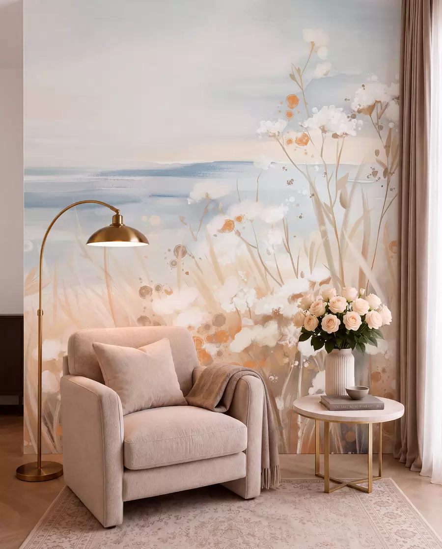 wall murals White abstract flowers with delicate stems in a grass, against a soft, muted background of a calm sea and sky w08740