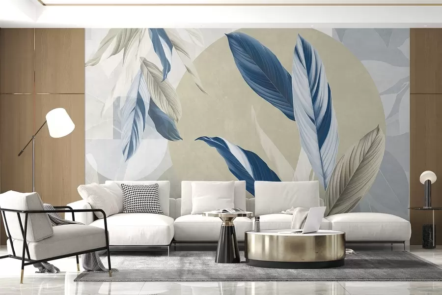 wall murals Modern and abstract geometric textural composition with detailed leaves in shades of blue, beige and white w08741