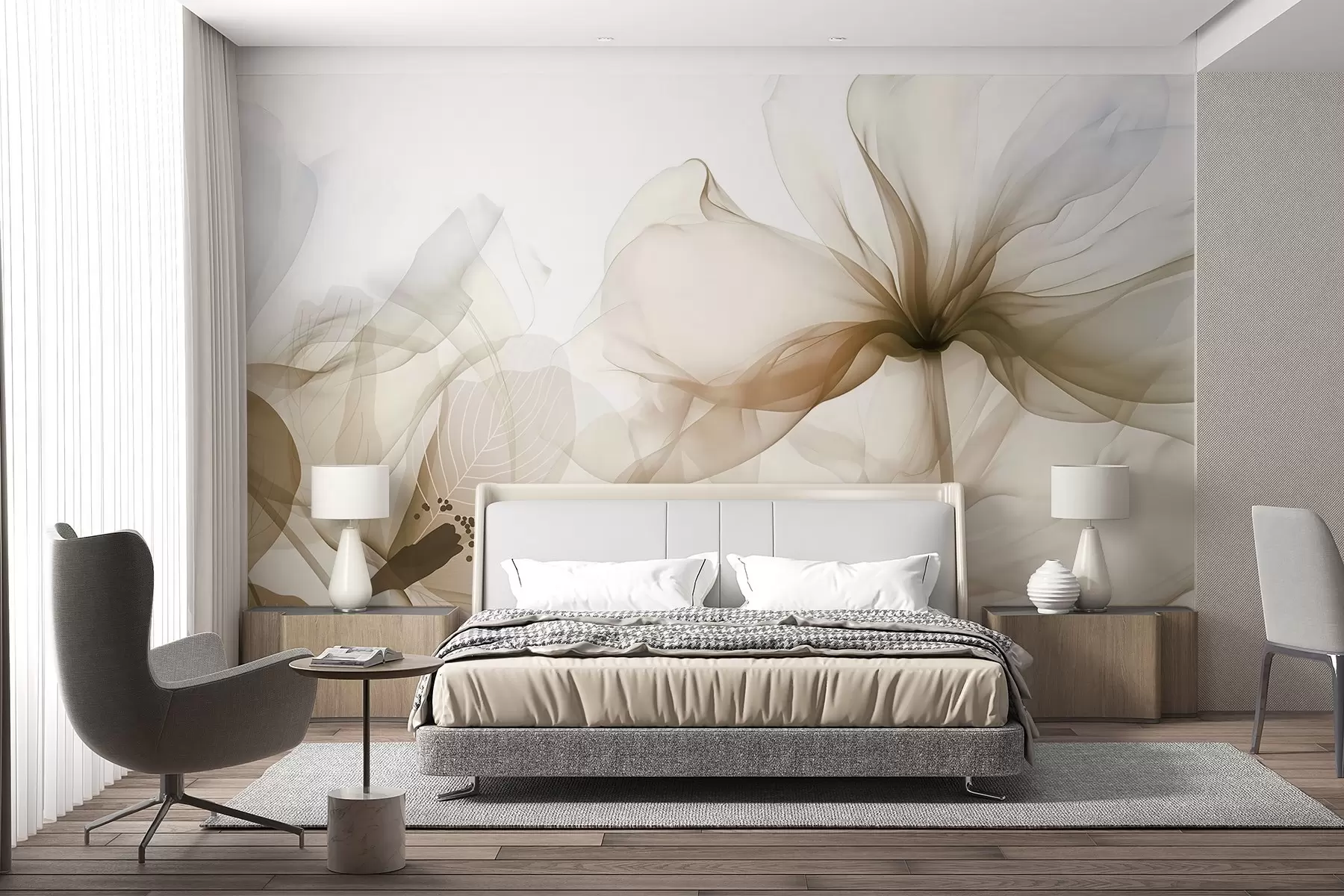 wall murals Brown abstract flowers with soft, translucent flowing petals and delicate detailes, against a white background w08742v1