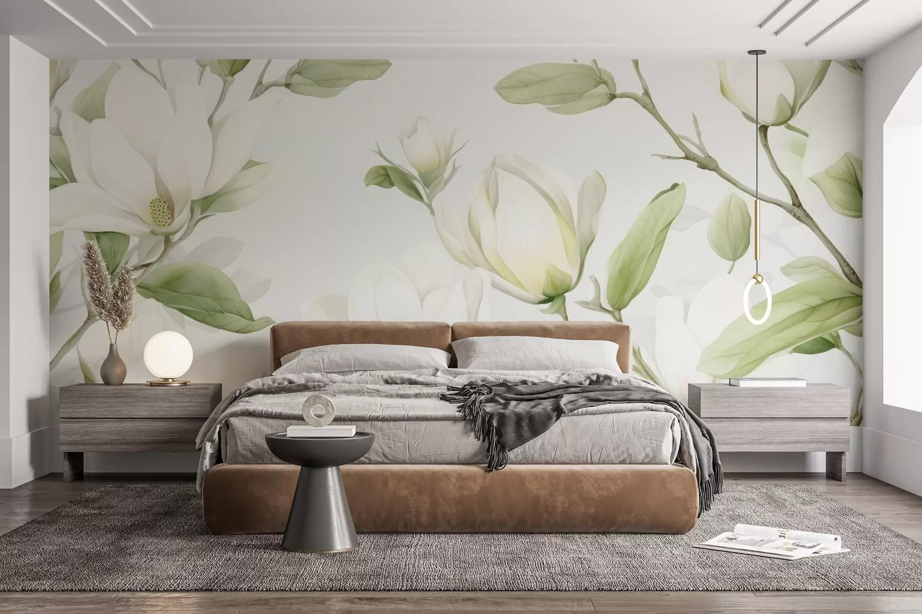 wall murals Elegant magnolia flowers in white and creamy shades with delicate green leaves on a light background w03046v1
