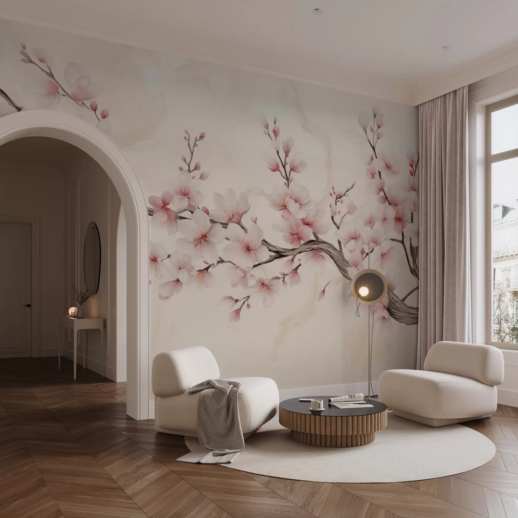 wall murals A delicate cherry blossom branch with soft pink flowers on a light background w03079