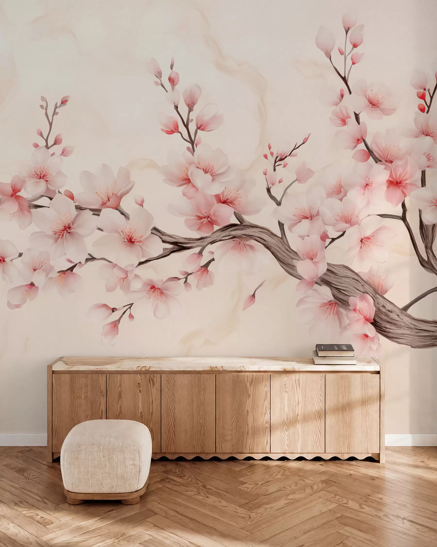 wall murals A delicate cherry blossom branch with soft pink flowers on a light background w03079