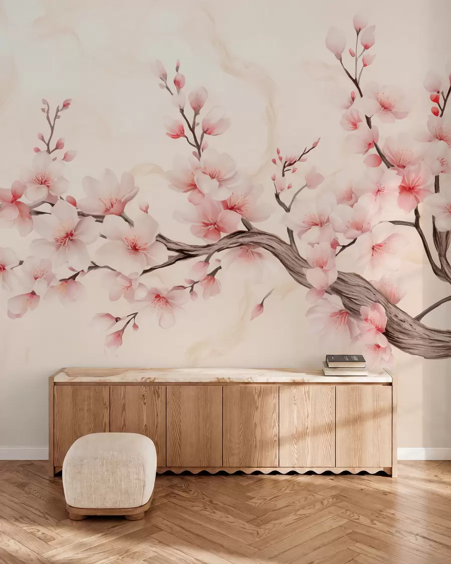 wall murals A delicate cherry blossom branch with soft pink flowers on a light background w03079