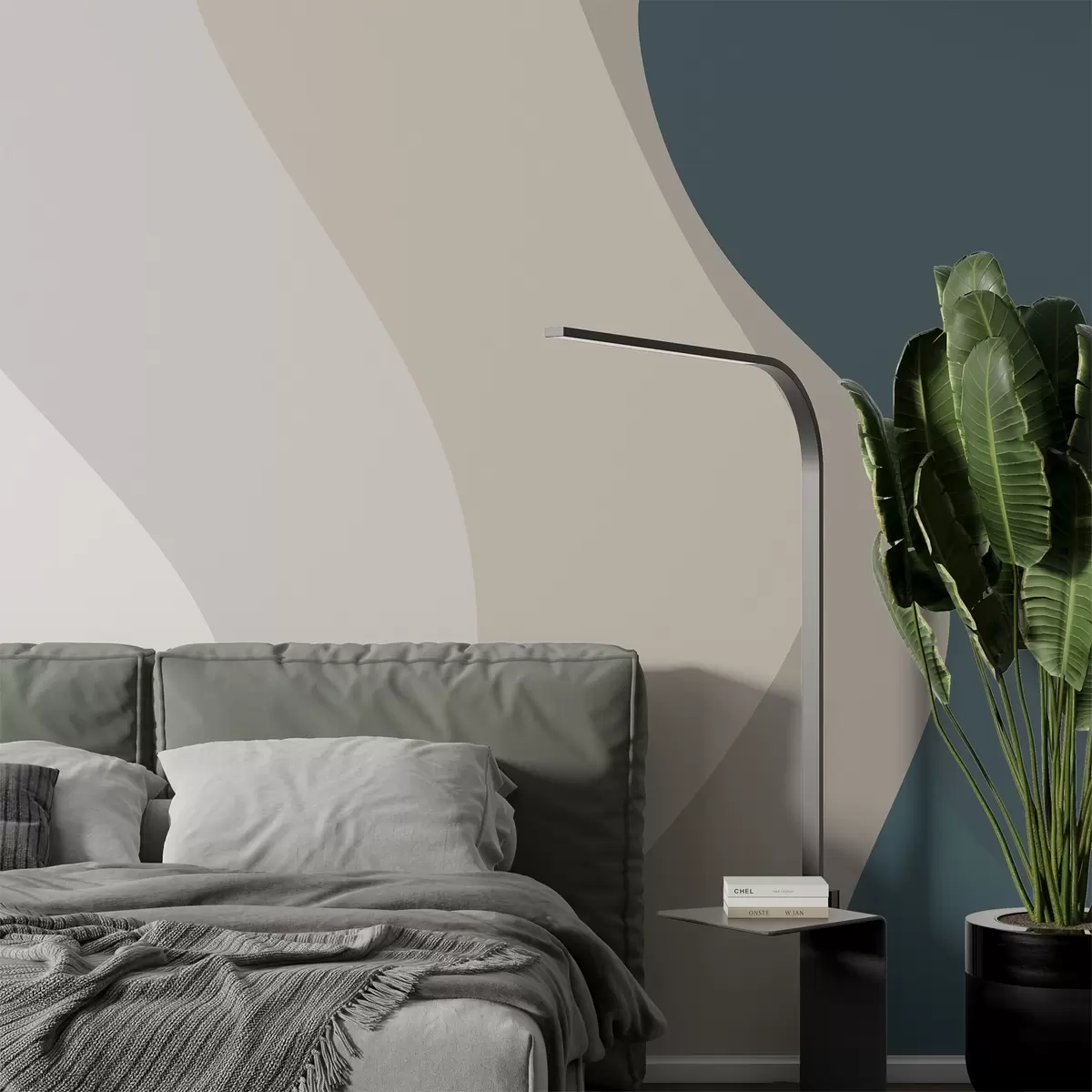 wall murals Abstract pattern with smooth, wavy lines in shades of white, beige, and dark blue w03084v1