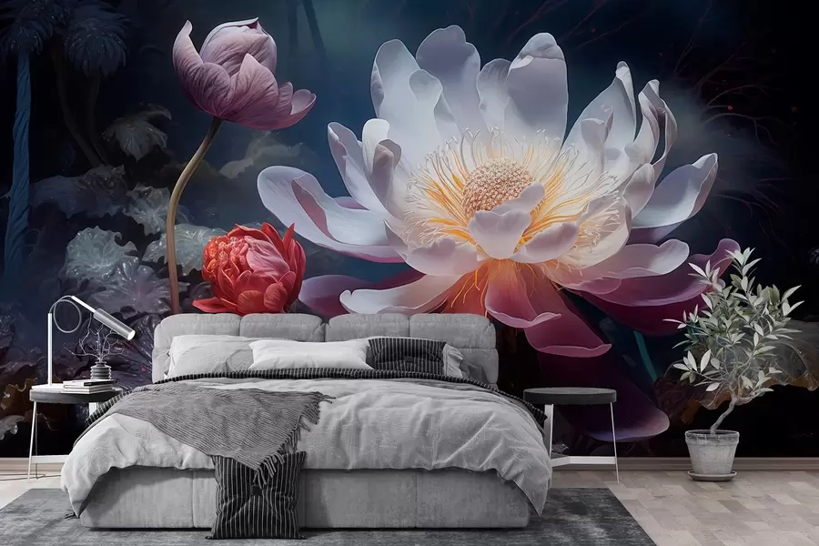 wall murals Fantastic flowers blooming in a fairy-tale dark atmosphere w08747