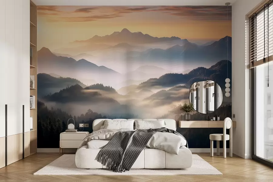 wall murals Serene mountain landscape at dawn, with soft mist enveloping the pines w08748