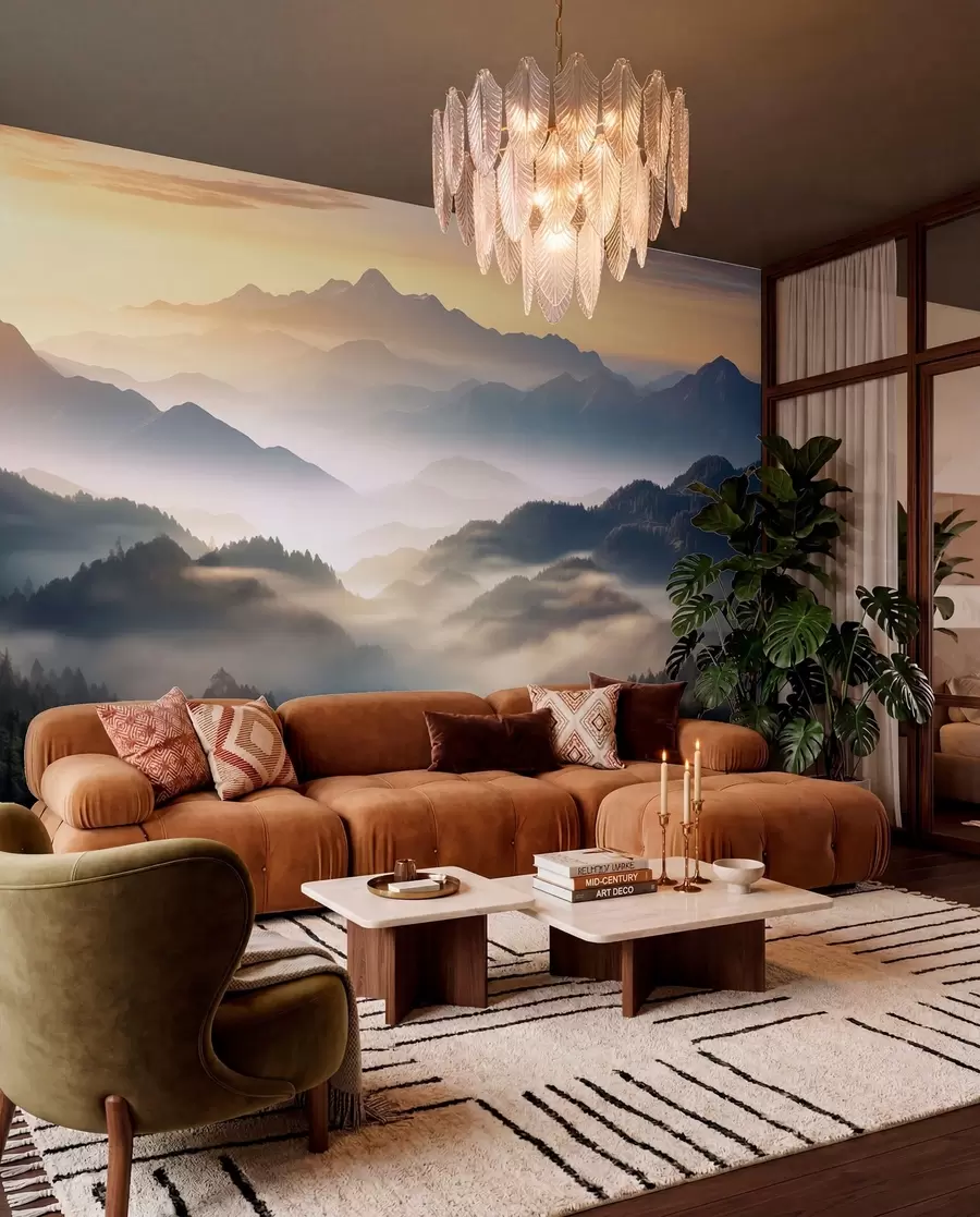 wall murals Serene mountain landscape at dawn, with soft mist enveloping the pines w08748