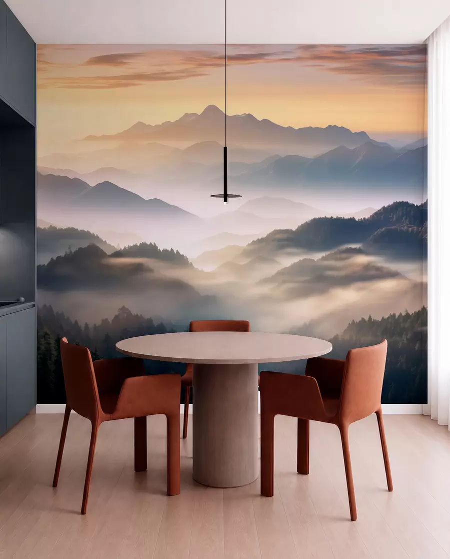 wall murals Serene mountain landscape at dawn, with soft mist enveloping the pines w08748