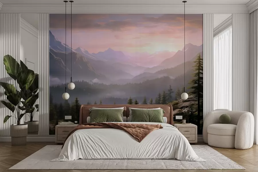 wall murals Serene mountain landscape at dawn with soft mist against a forest backdrop w08750