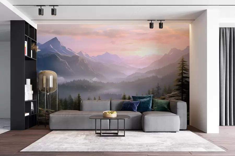 wall murals Serene mountain landscape at dawn with soft mist against a forest backdrop w08750