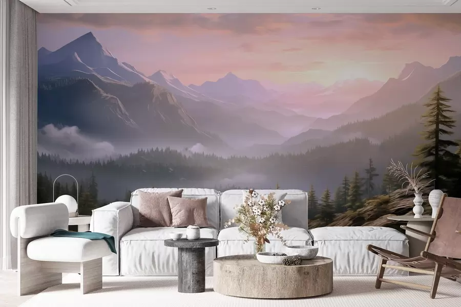 wall murals Serene mountain landscape at dawn with soft mist against a forest backdrop w08750