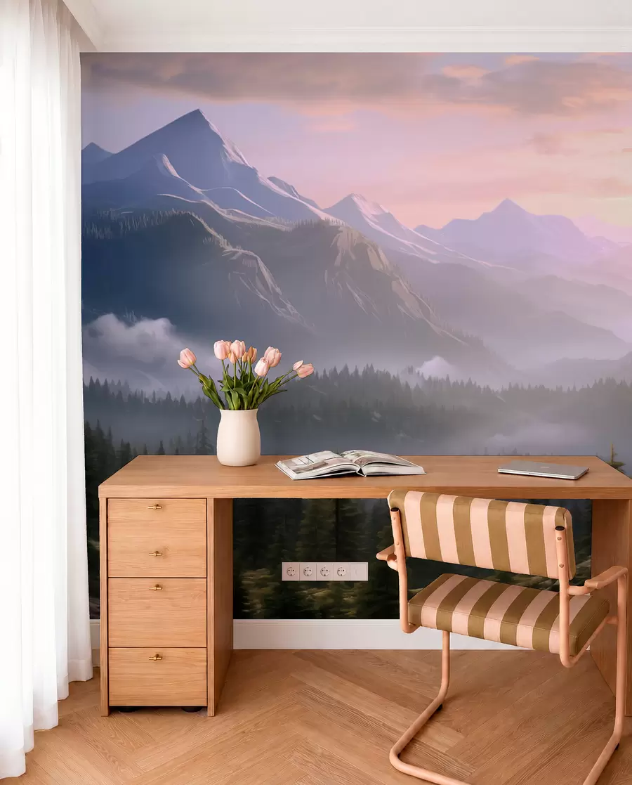 wall murals Serene mountain landscape at dawn with soft mist against a forest backdrop w08750