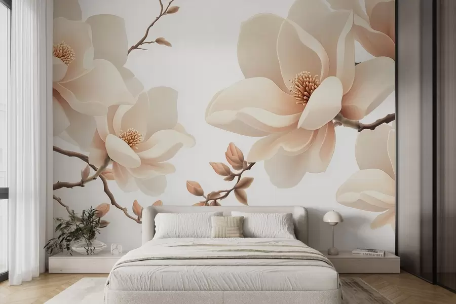 wall murals Cream-colored magnolia branches on a white background w08755