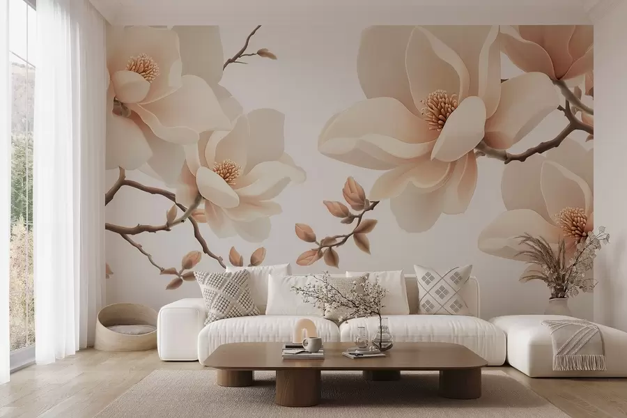 wall murals Cream-colored magnolia branches on a white background w08755
