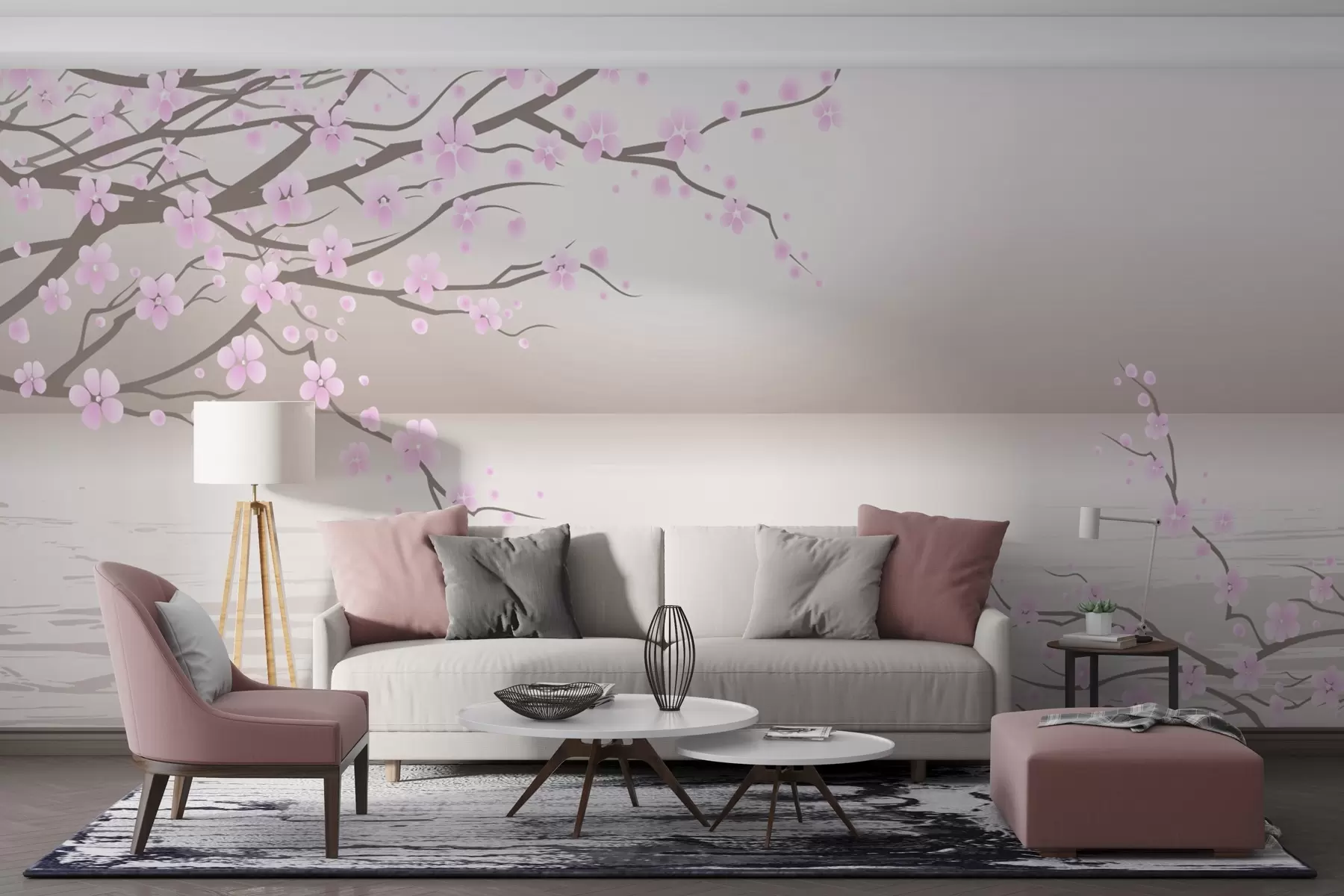 wall murals Pink flowering trees on the background of the sunrise w03100