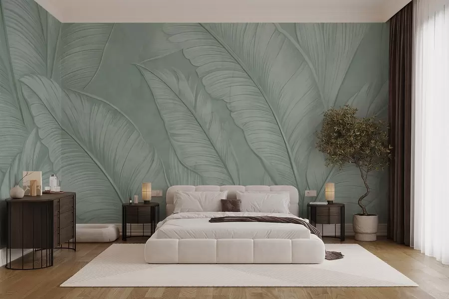 wall murals Highly-textured detailed large tropical leaves in a monochromatic green color in loft style w08772v1