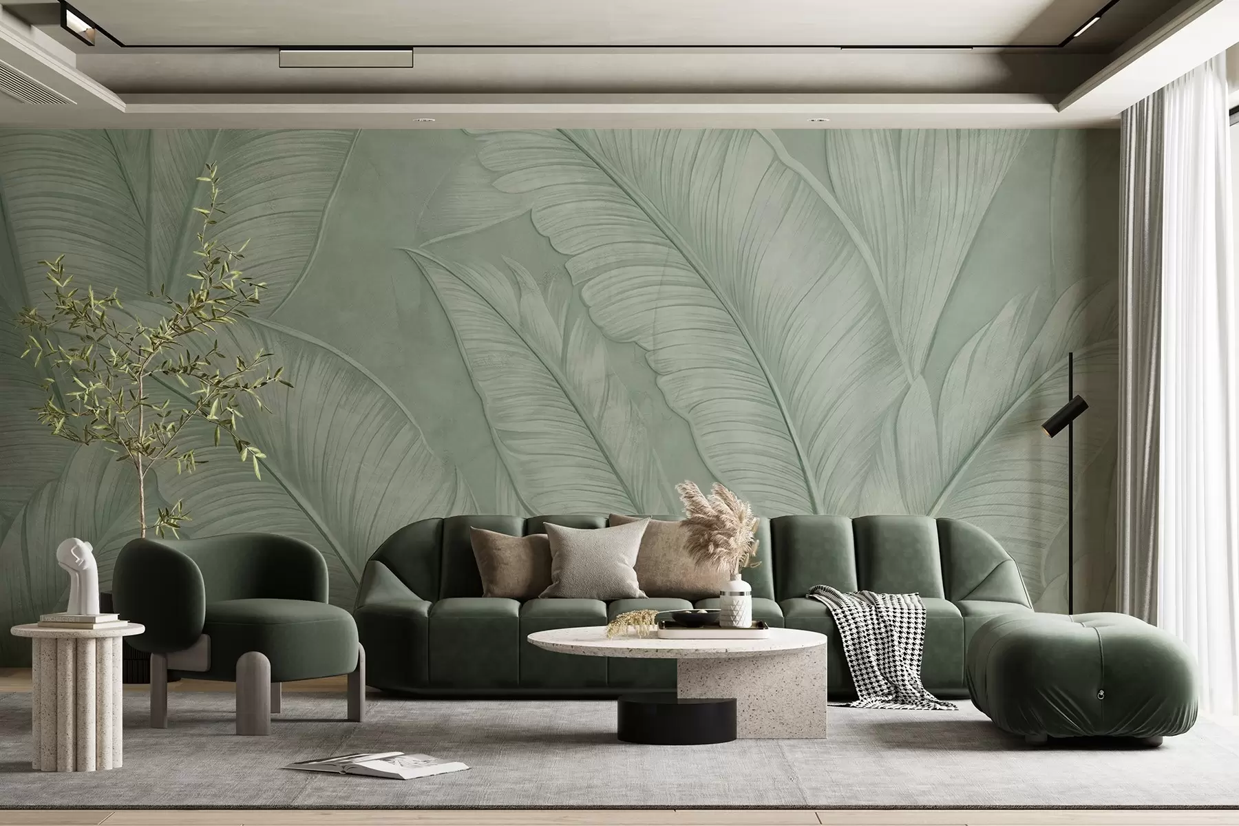 wall murals Highly-textured detailed large tropical leaves in a monochromatic green color in loft style w08772v1
