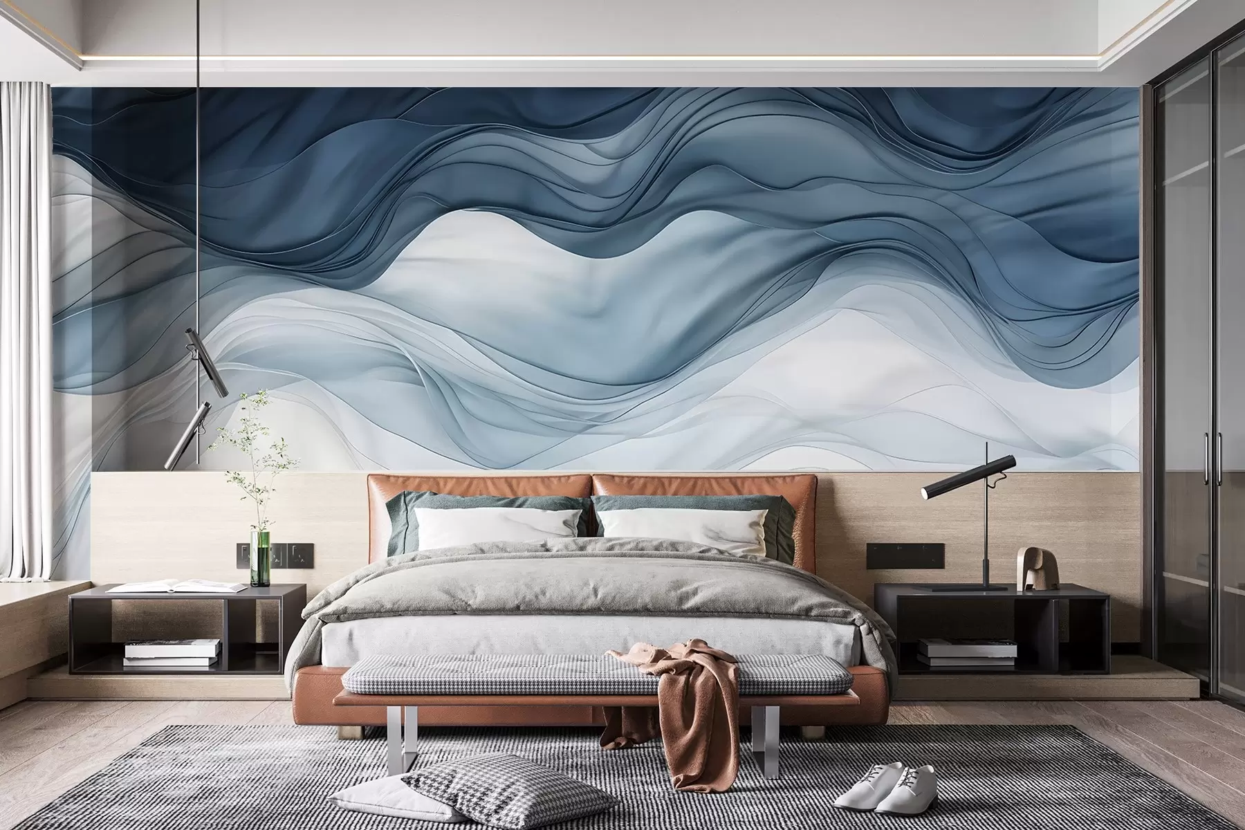 wall murals Flowing waves of translucent textures in shades of dark blue , light blue and white on a light background w08775