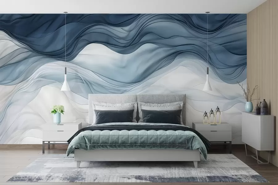 wall murals Flowing waves of translucent textures in shades of dark blue , light blue and white on a light background w08775