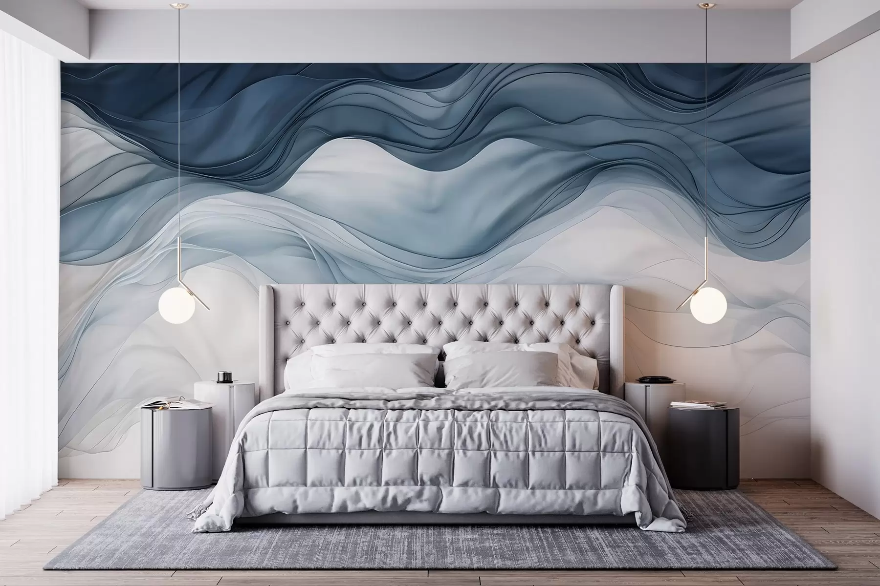 wall murals Flowing waves of translucent textures in shades of dark blue , light blue and white on a light background w08775