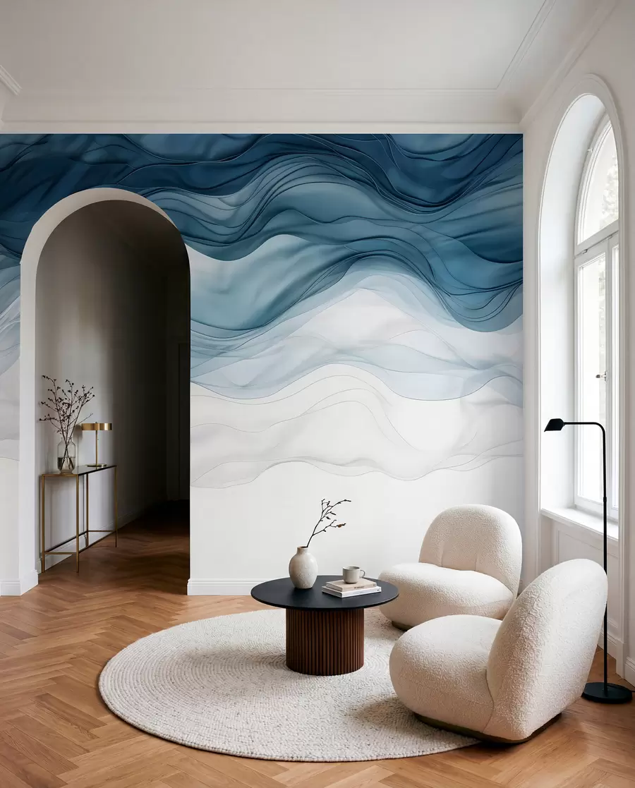 wall murals Flowing waves of translucent textures in shades of dark blue , light blue and white on a light background w08775