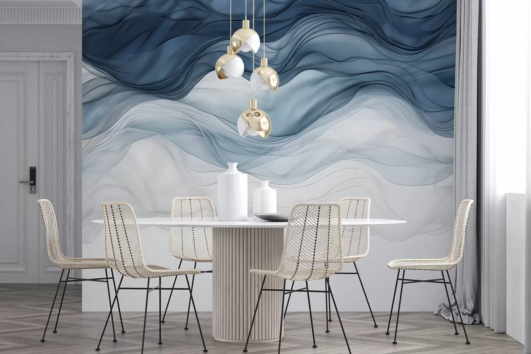wall murals Flowing waves of translucent textures in shades of dark blue , light blue and white on a light background w08775