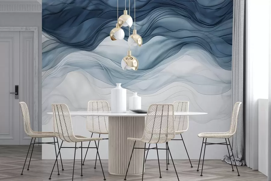wall murals Flowing waves of translucent textures in shades of dark blue , light blue and white on a light background w08775