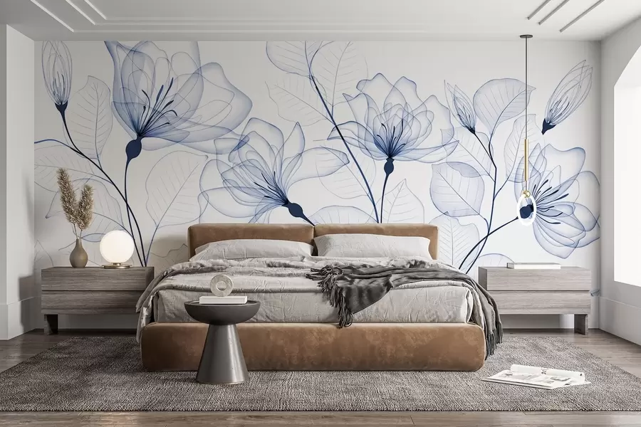wall murals Delicate minimalistic blue flowers with transparent petals and leaves, against a white background w08776