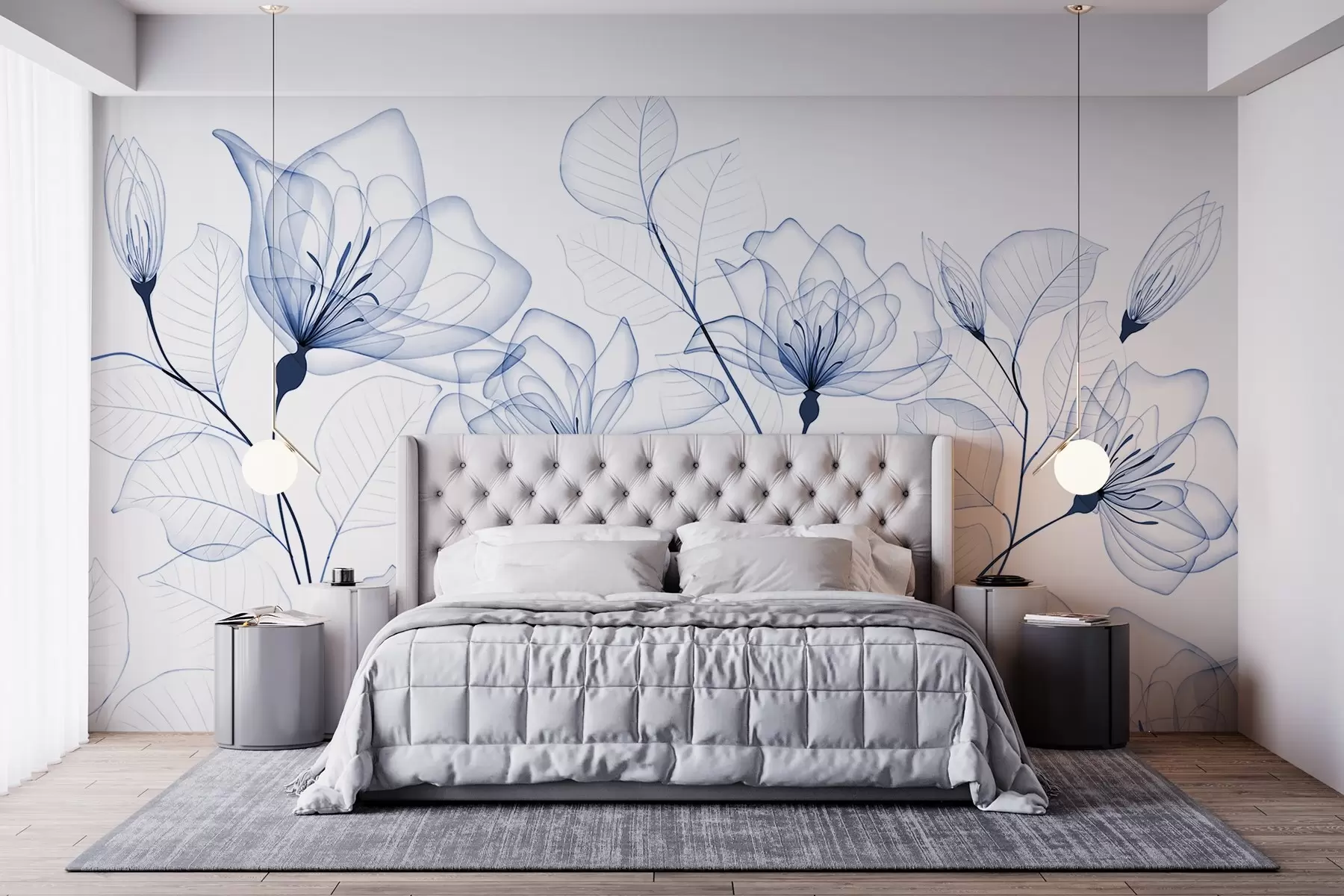 wall murals Delicate minimalistic blue flowers with transparent petals and leaves, against a white background w08776