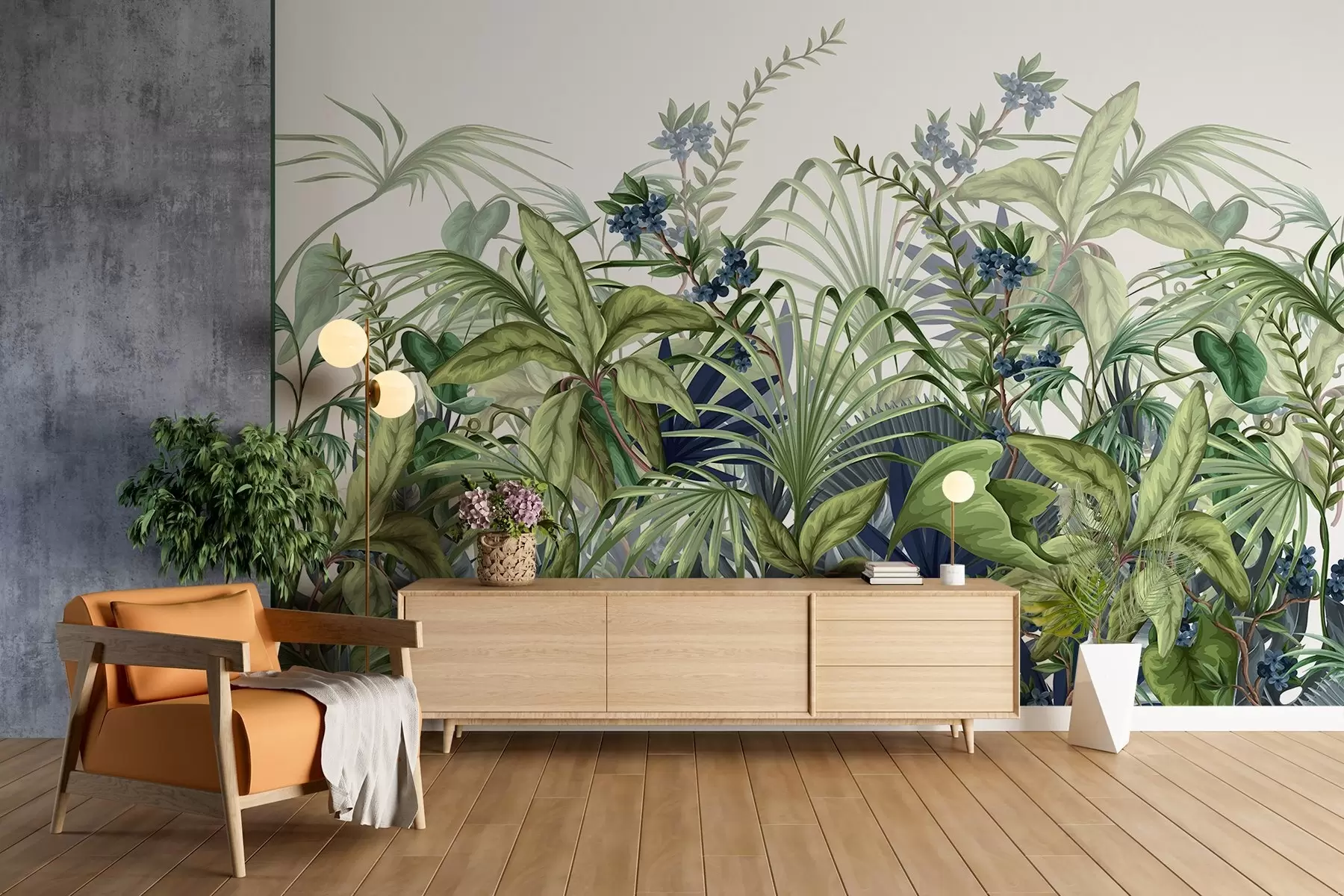 wall murals Arrangement of various tropical plants with large green leaves, creating a lush foliage scene on a light beige w08777