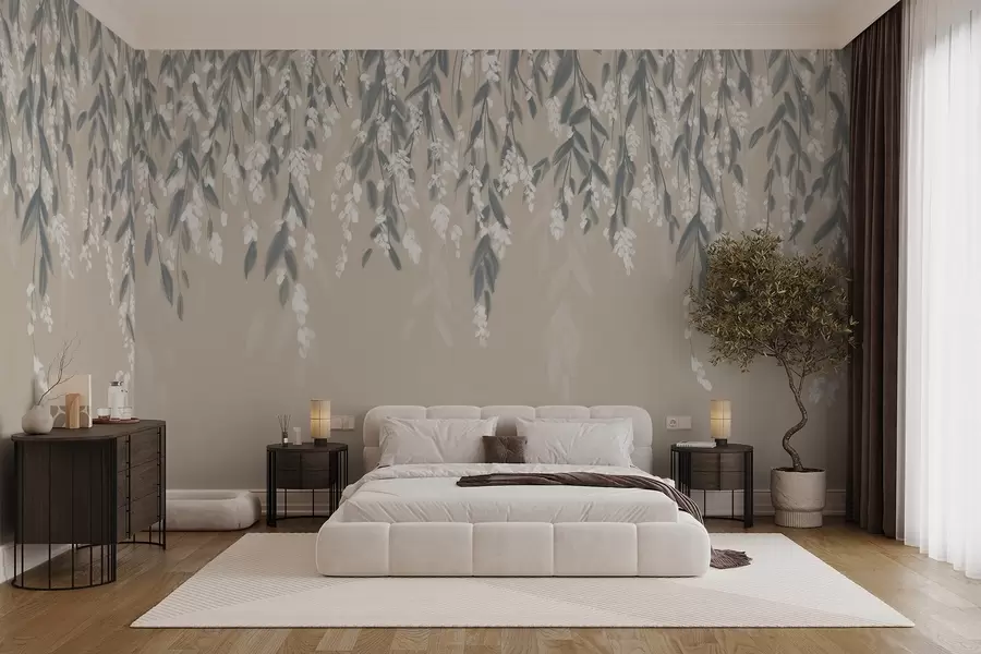 wall murals Cascading foliage branches in shades of muted green with white flowers and leaves on beige background w08781