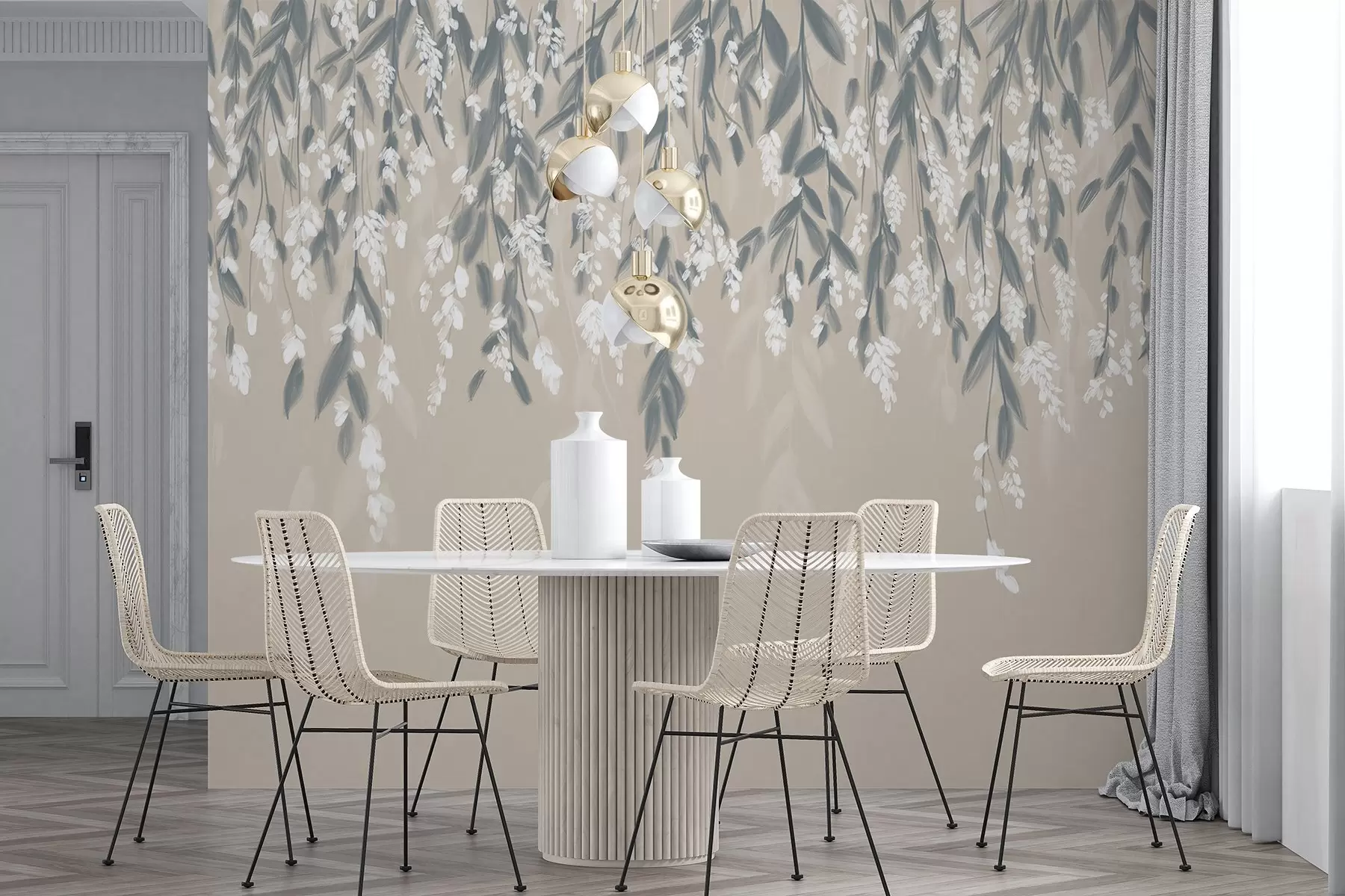 wall murals Cascading foliage branches in shades of muted green with white flowers and leaves on beige background w08781