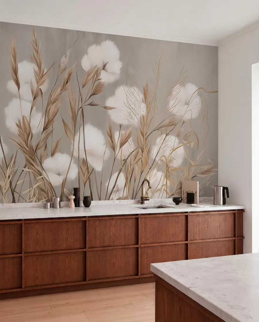 wall murals Soft, fluffy cotton white flowers and tall orange spikelets grasses against a muted textured beige background w08784